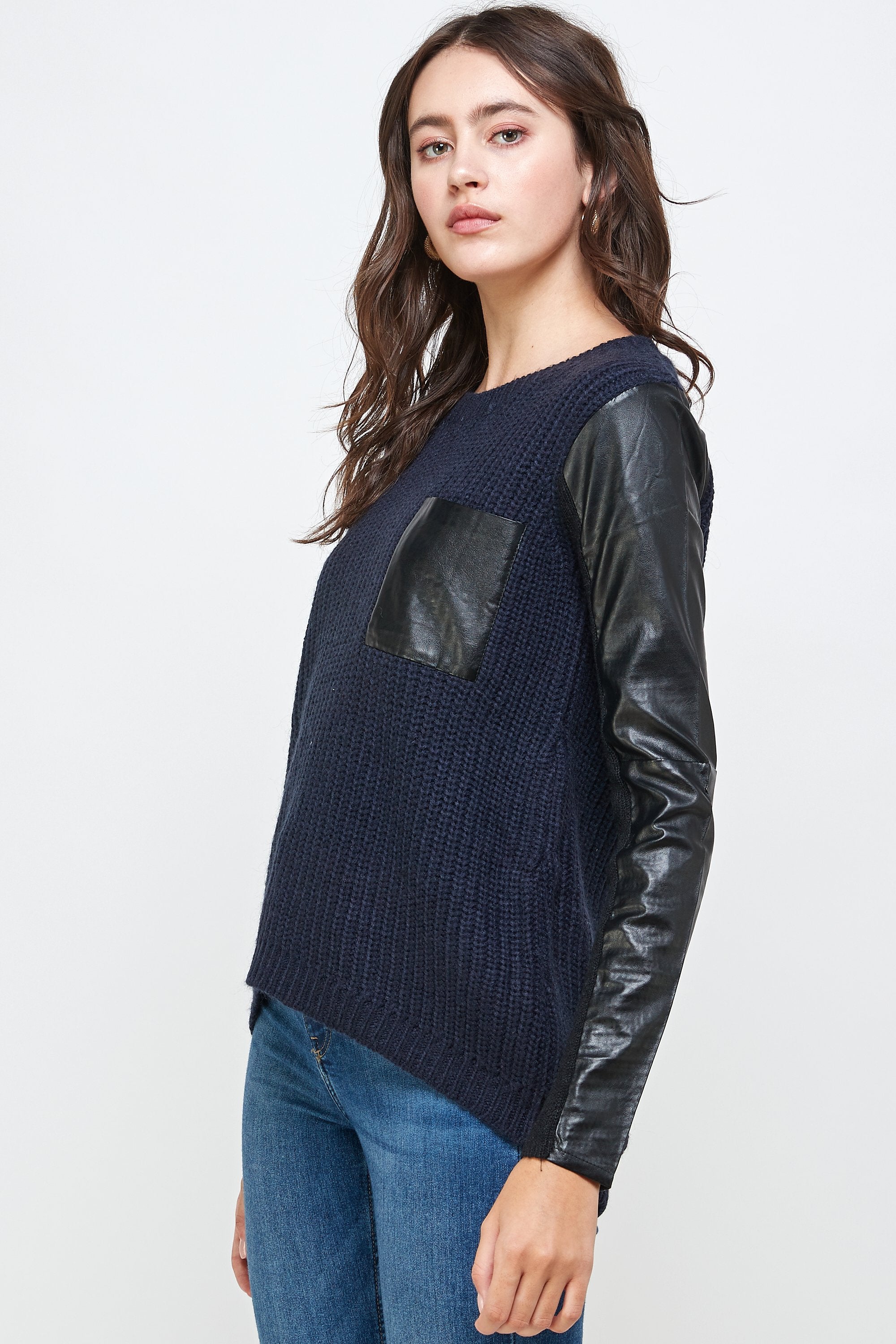 Chunky Knit Sweater with Faux Leather Sleeves and Pocket