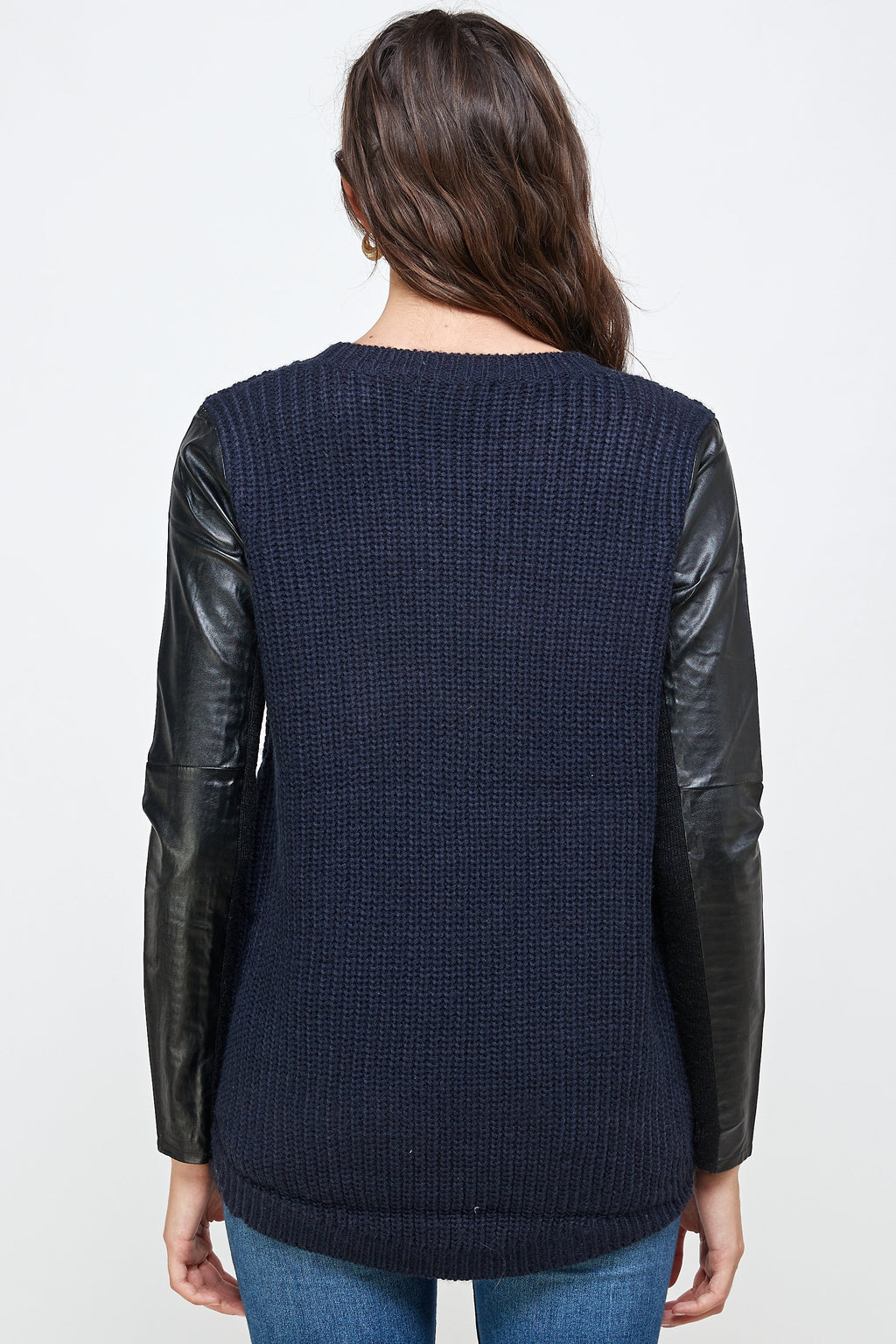 Chunky Knit Sweater with Faux Leather Sleeves and Pocket