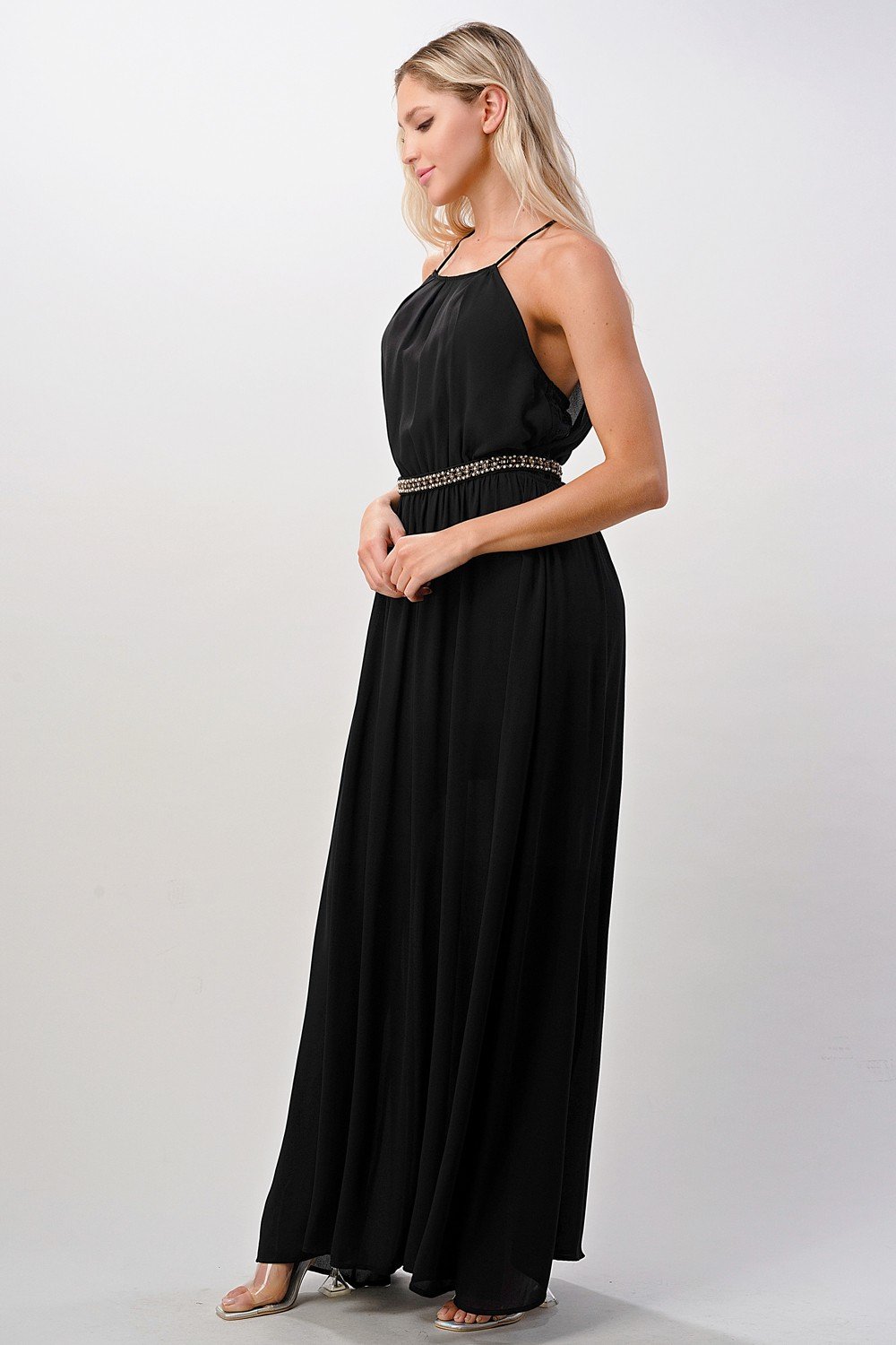Halter Neck Maxi Dress with Beaded Waist Detail