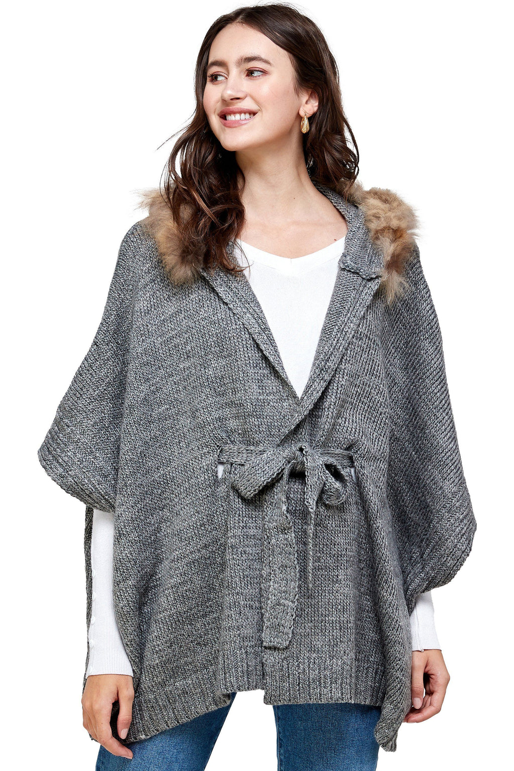 Knitted Cape with Faux Fur Collar