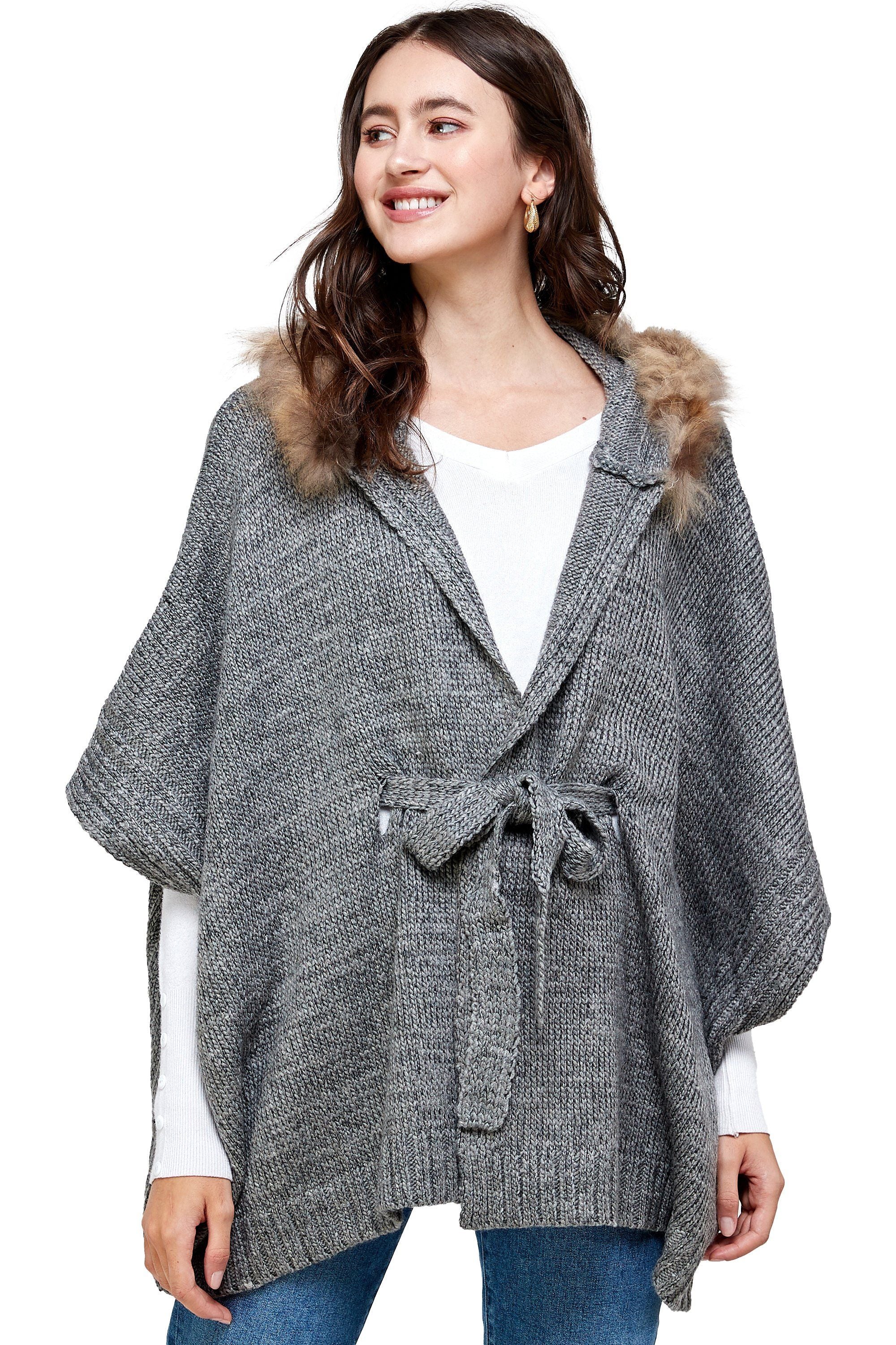 Knitted Cape with Faux Fur Collar