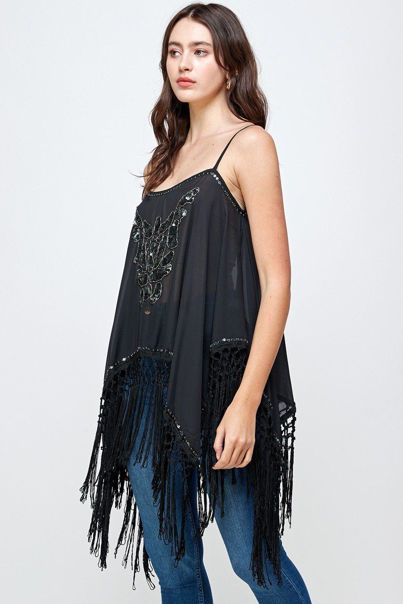 Embellished Fringe Hem Spaghetti Strap Top