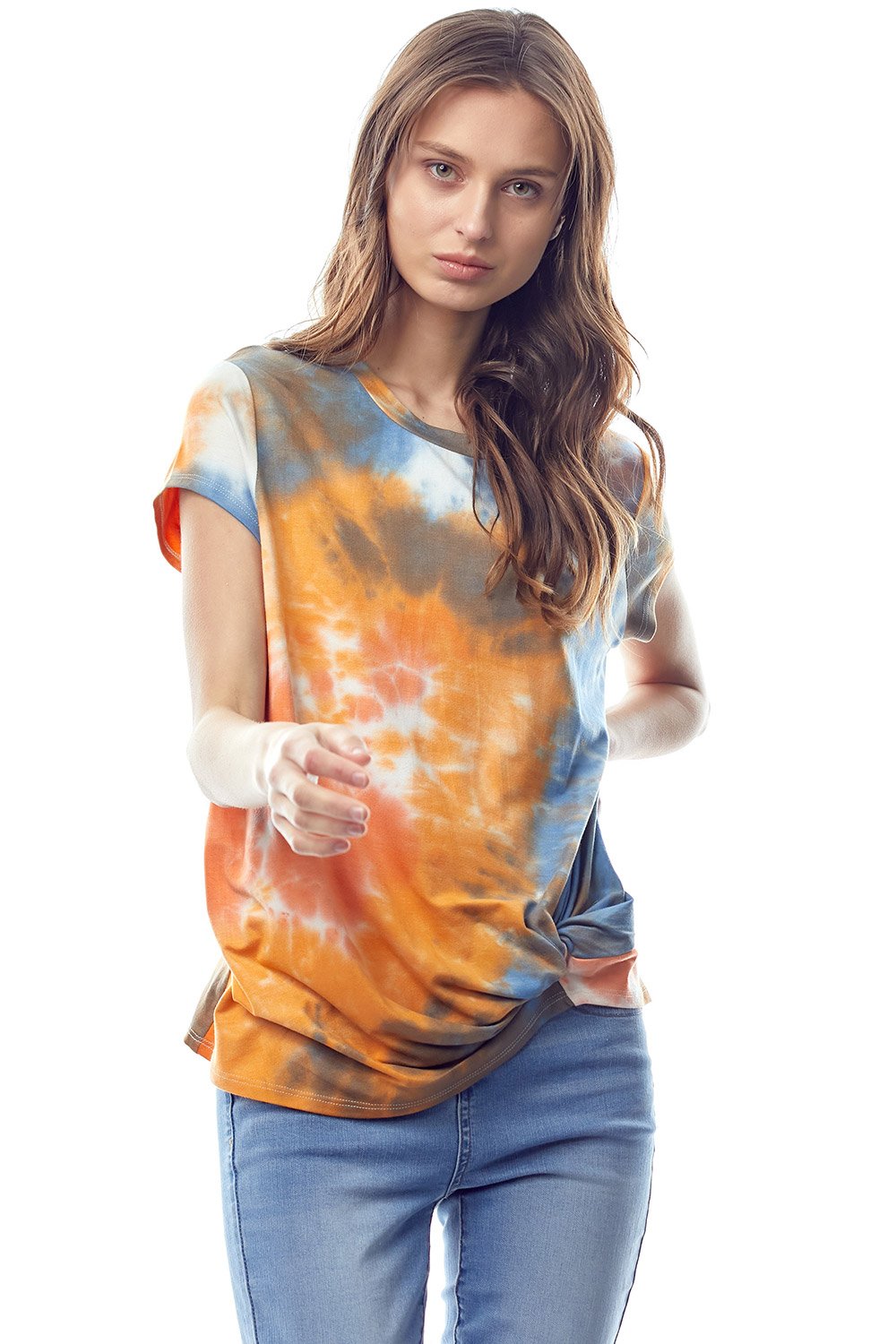 Tie-Dye Twist Front Short Sleeve Top