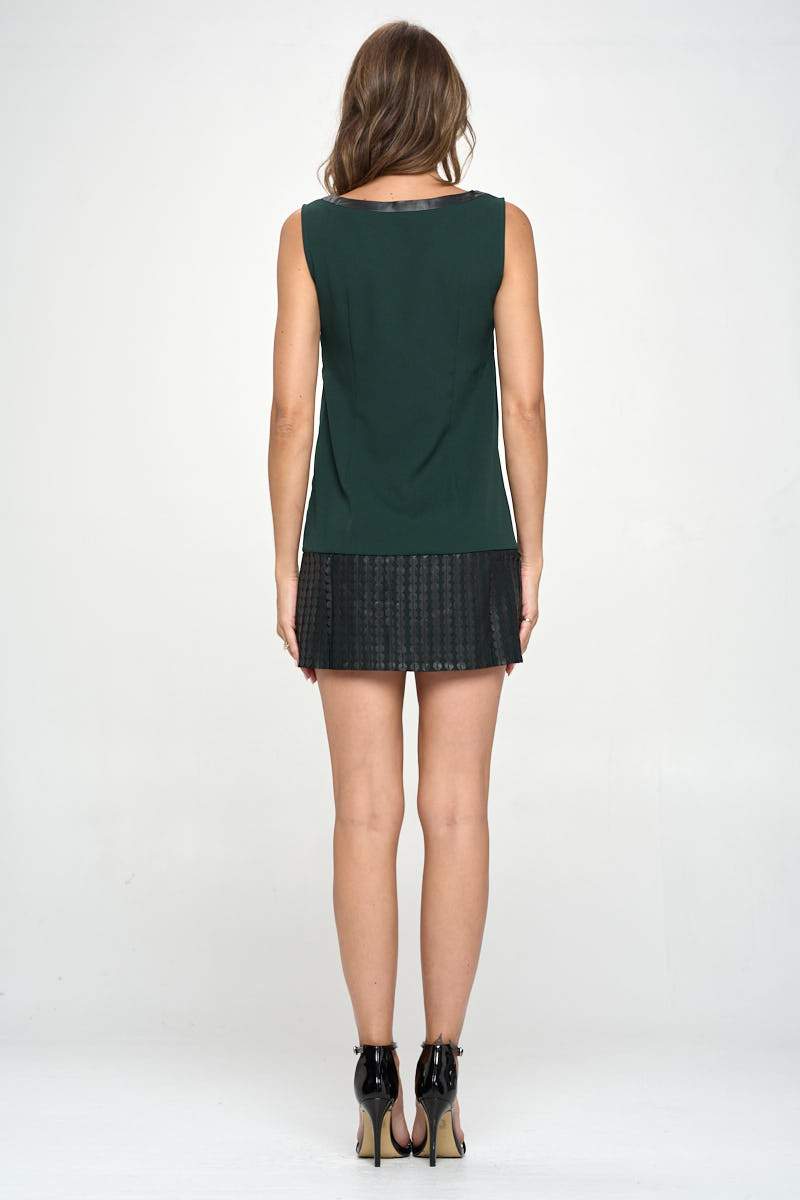 Sleeveless Shift Dress with Faux Leather Trim