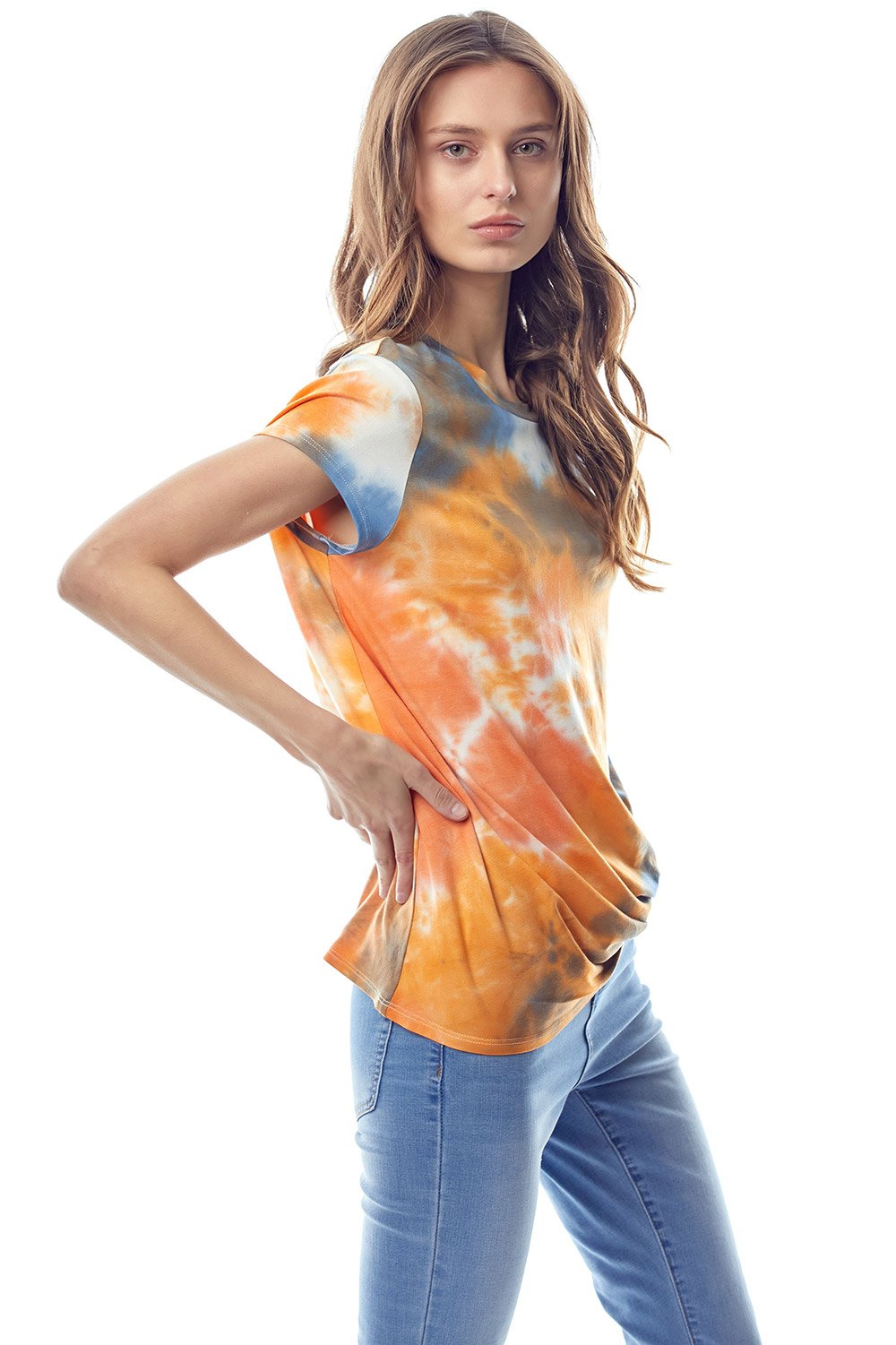 Tie-Dye Twist Front Short Sleeve Top