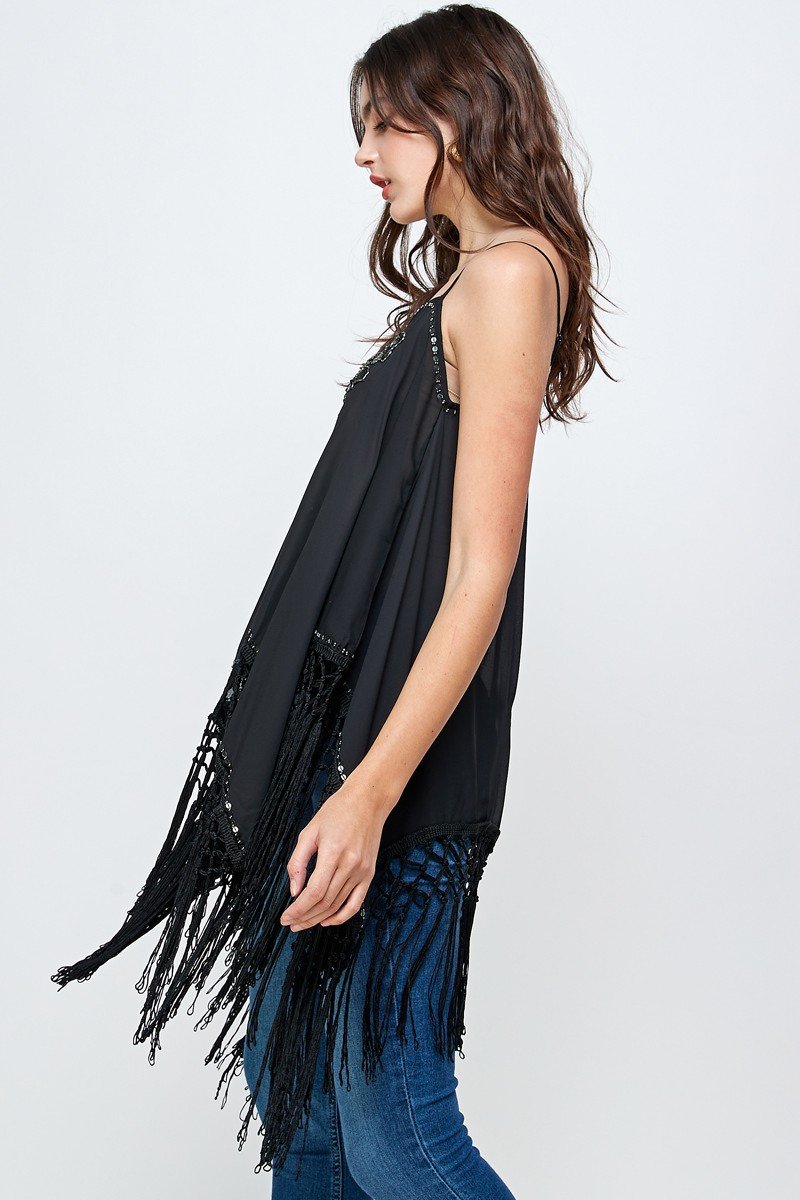Embellished Fringe Hem Spaghetti Strap Top