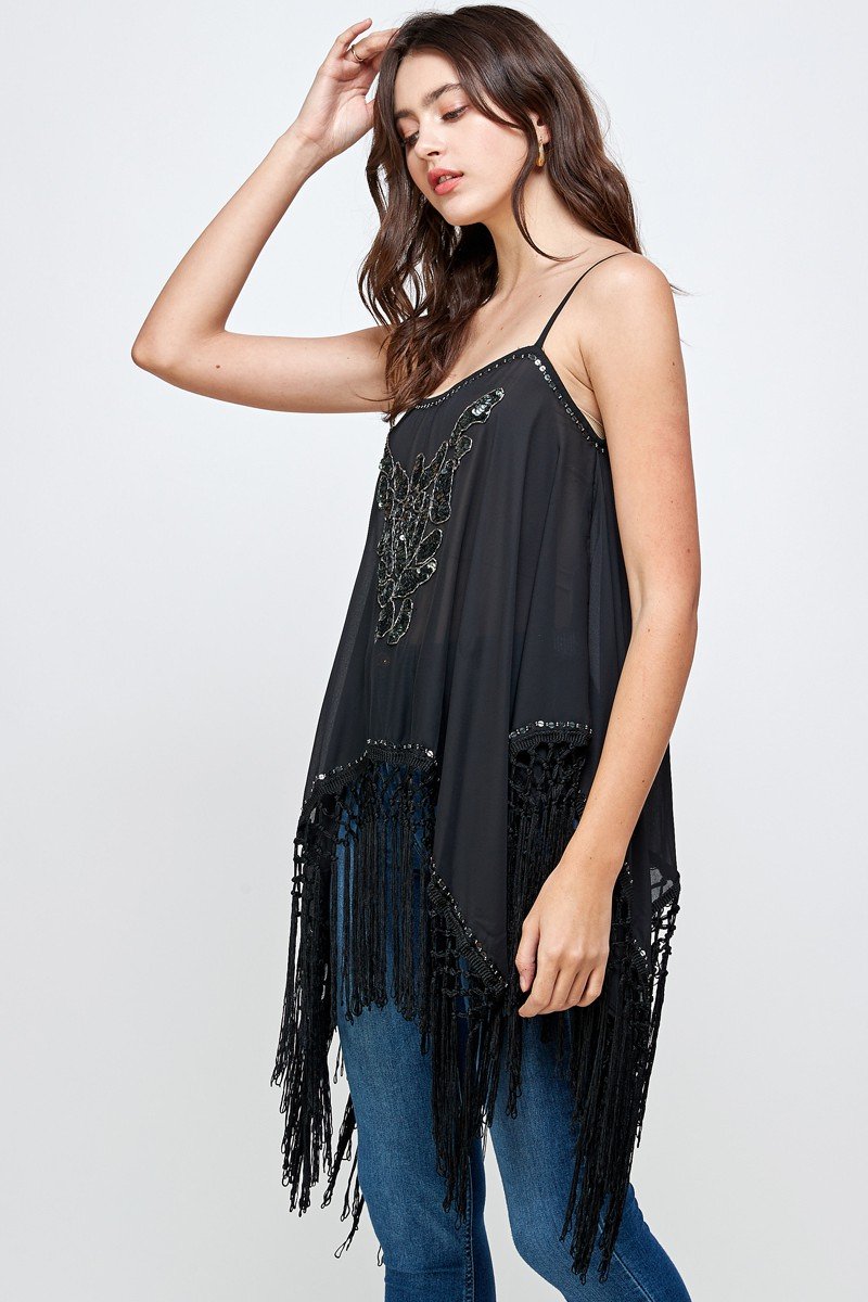 Embellished Fringe Hem Spaghetti Strap Top