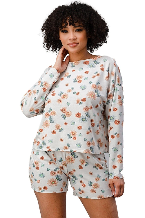 Floral Lounge Set - Comfy Long Sleeve Top and Shorts