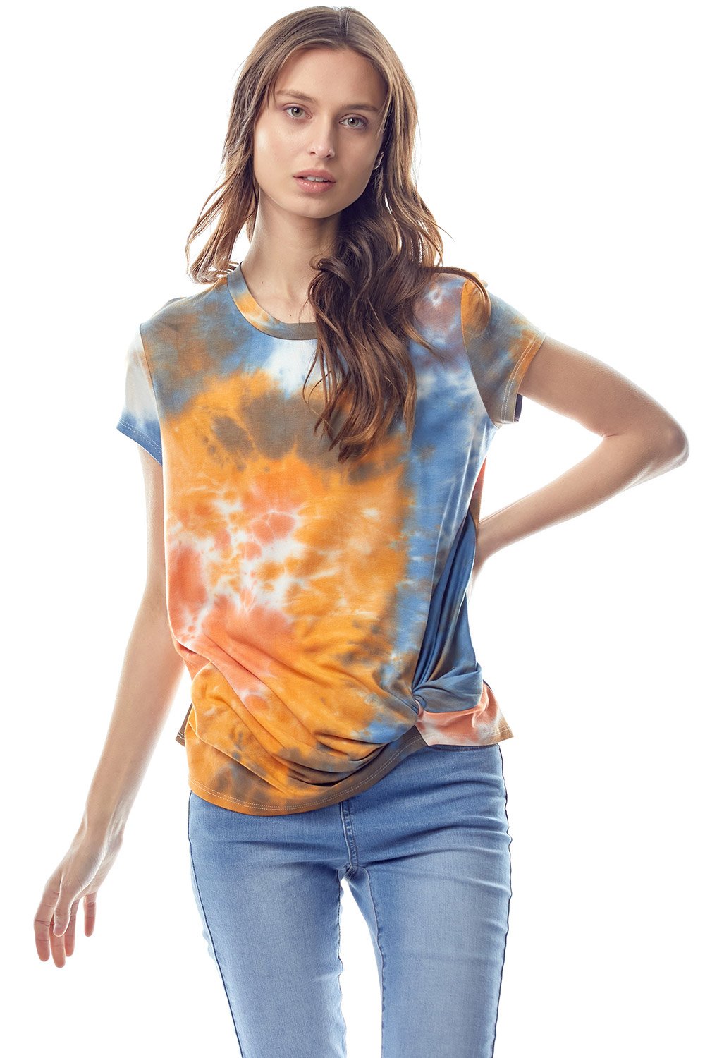 Tie-Dye Twist Front Short Sleeve Top