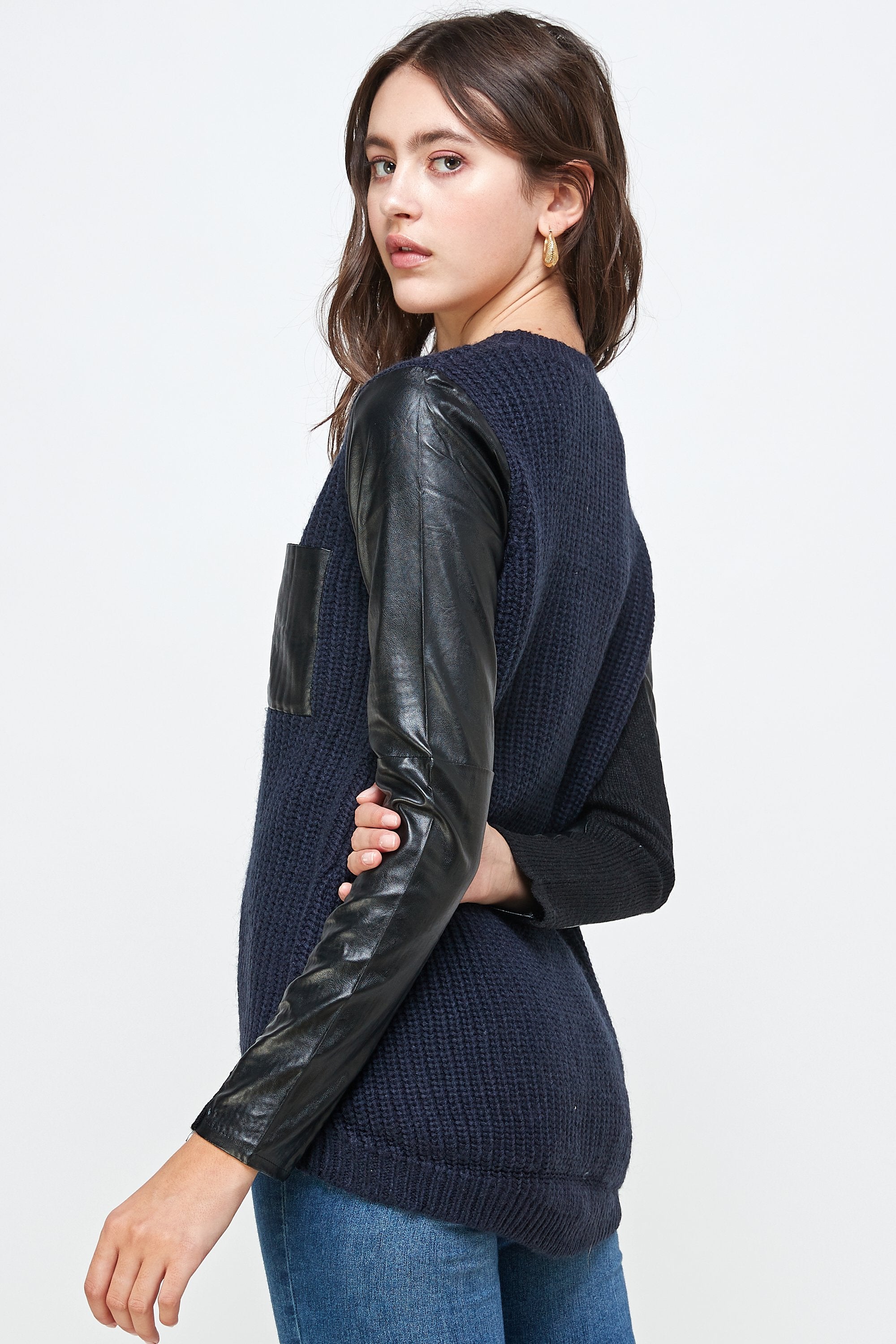 Chunky Knit Sweater with Faux Leather Sleeves and Pocket