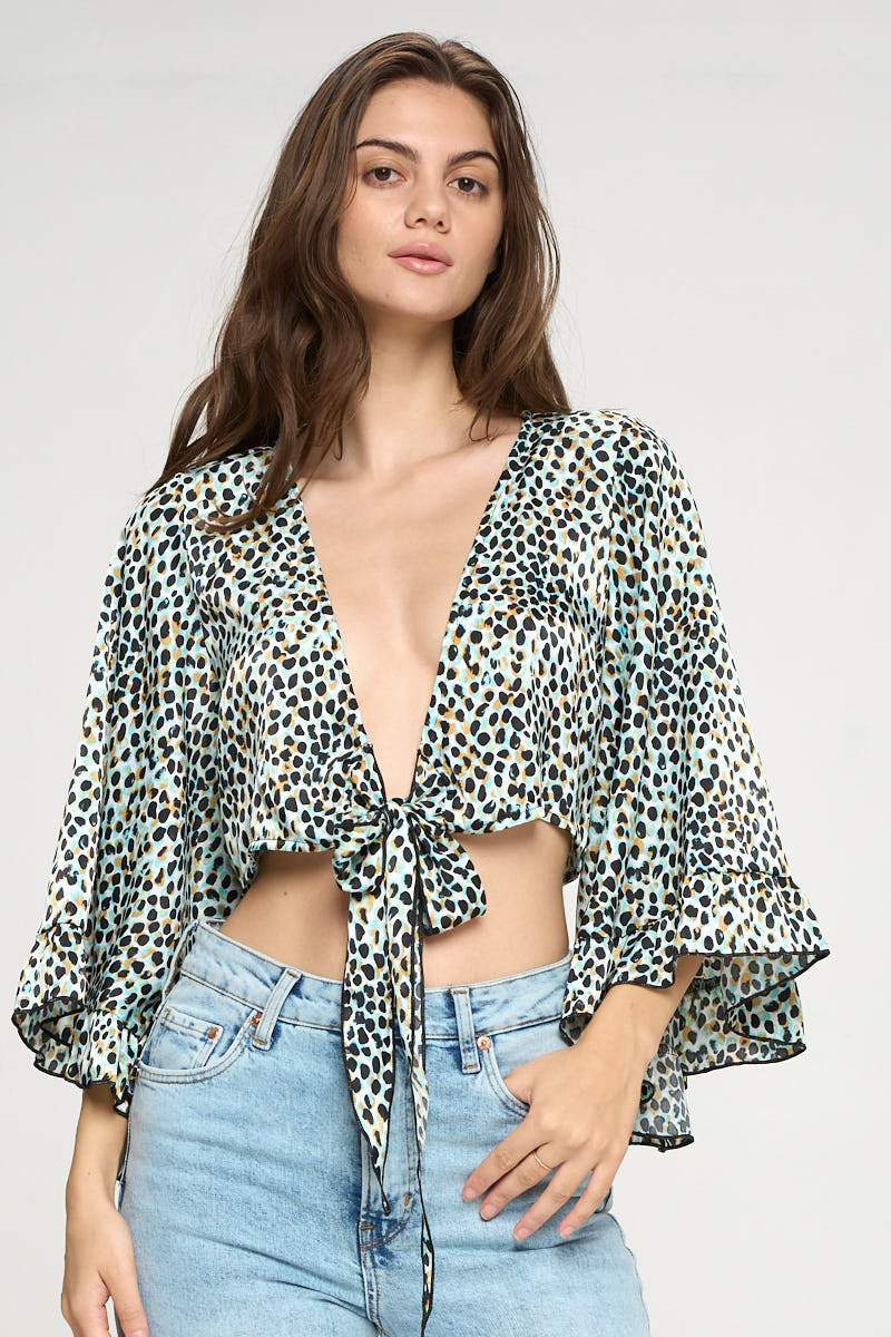 Animal Print Tie-Front Crop Top with Flared Sleeves