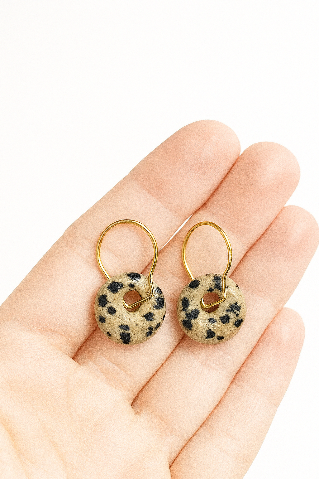 Dalmatian Jasper, Earrings with Semi-Precious Stone, 18K Gold Plating