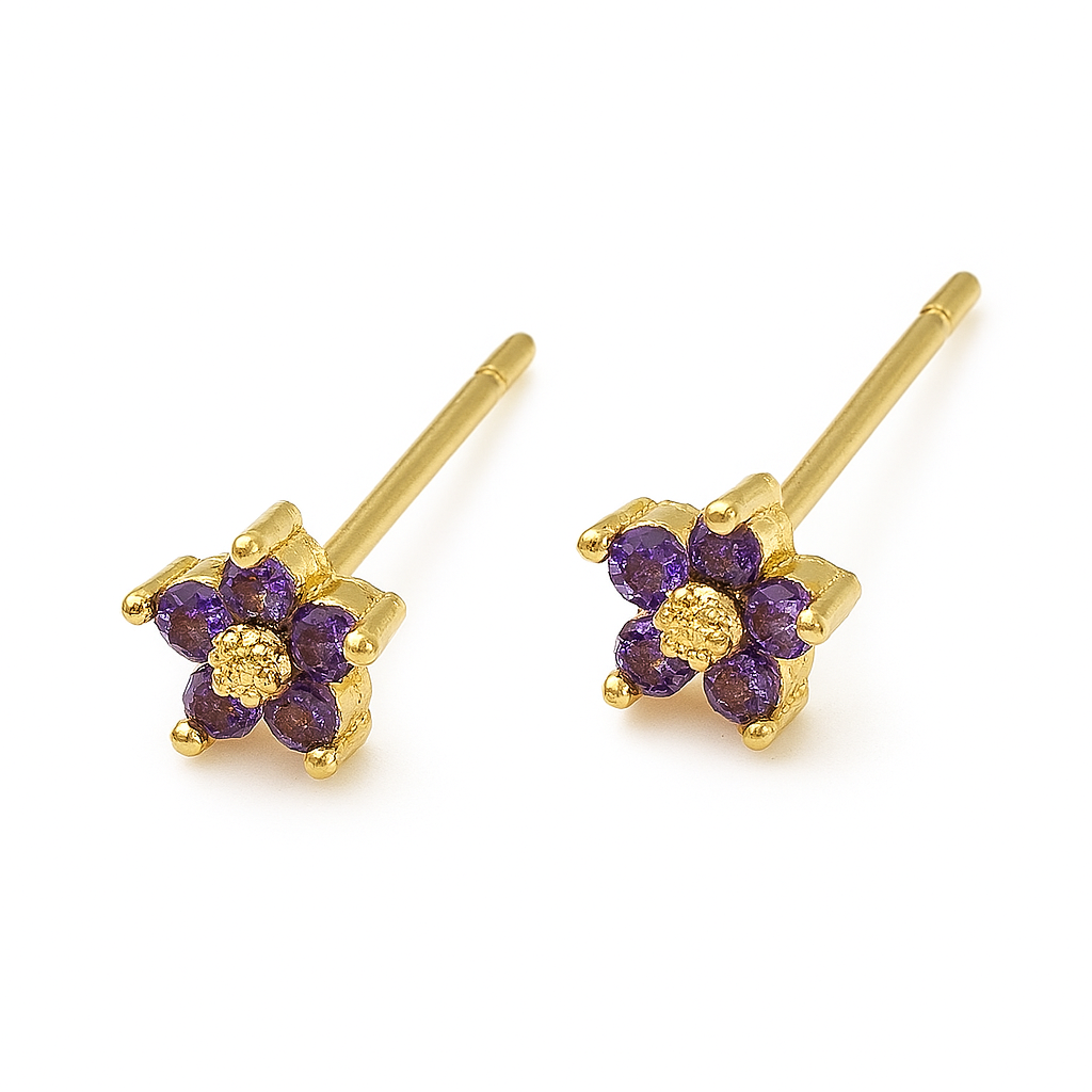 Purple Cubic Zirconia Flower Earrings, 18K Gold