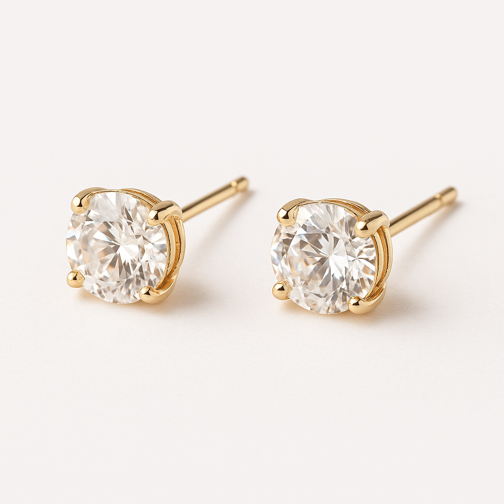 Round zirconia earrings, gold-colored brass, cadmium and lead free