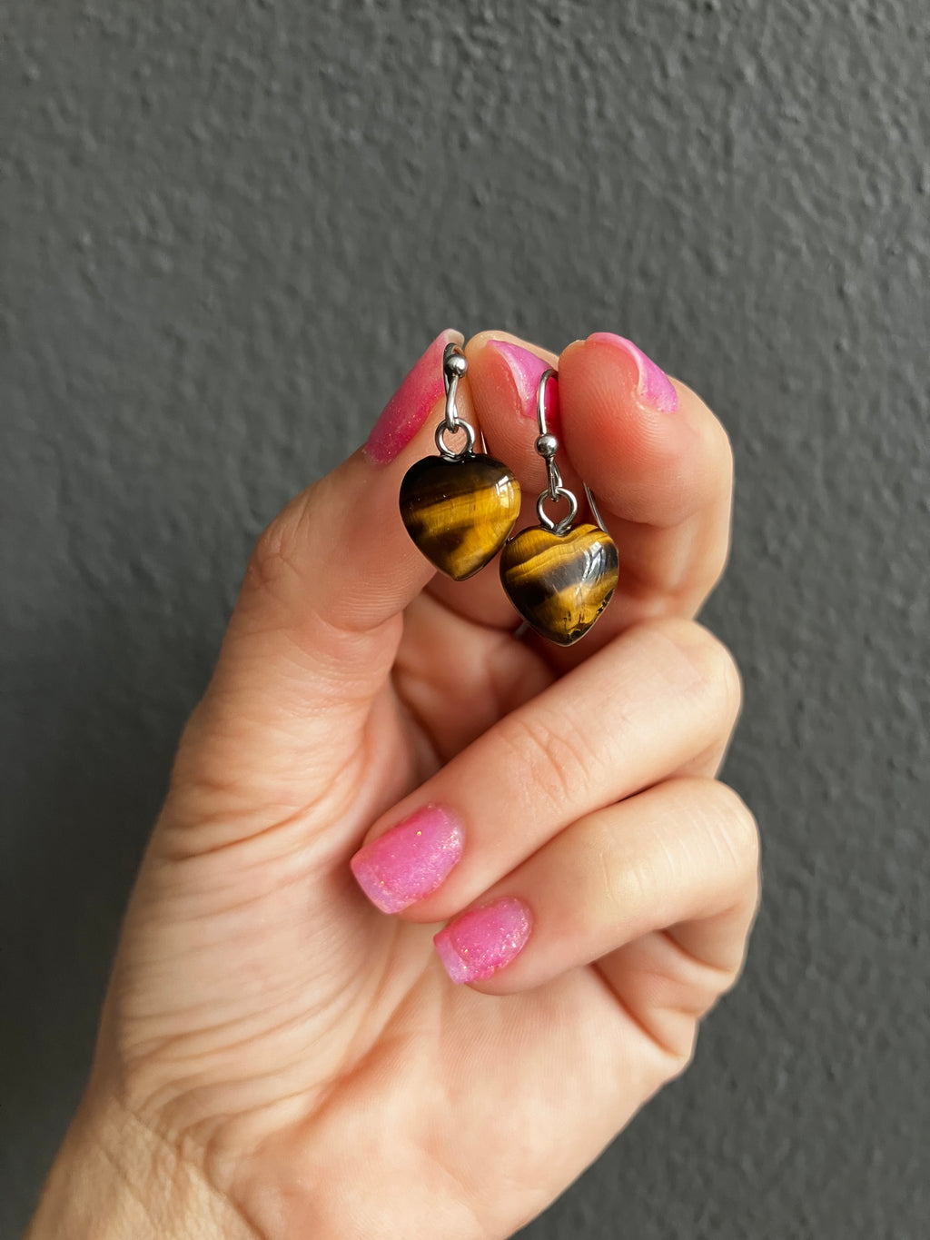 Magical Tiger’s Eye Heart Earrings, Natural Gemstone