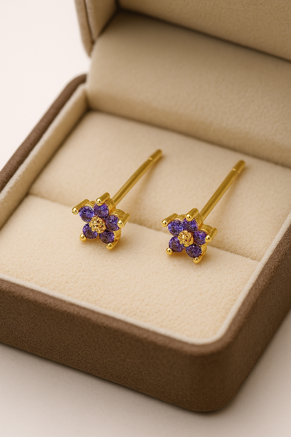 Purple Cubic Zirconia Flower Earrings, 18K Gold