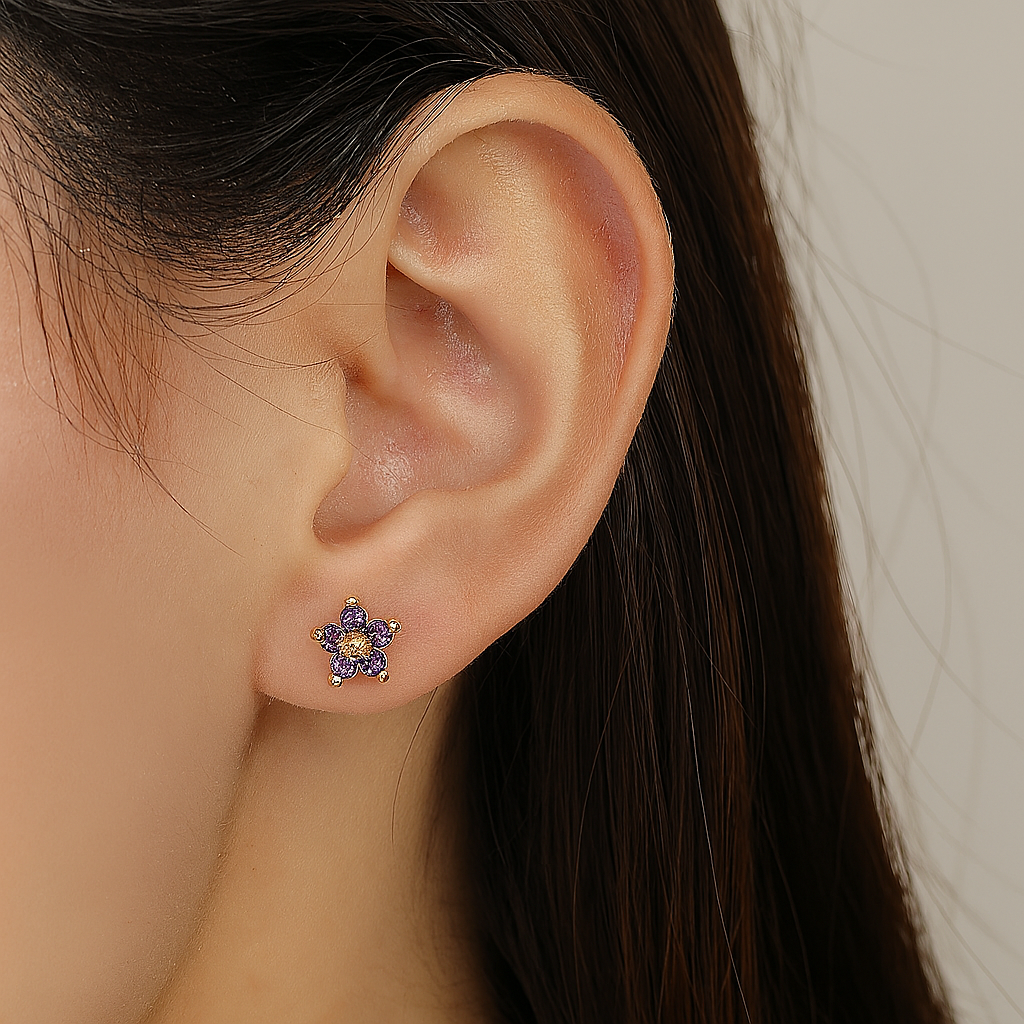 Purple Cubic Zirconia Flower Earrings, 18K Gold