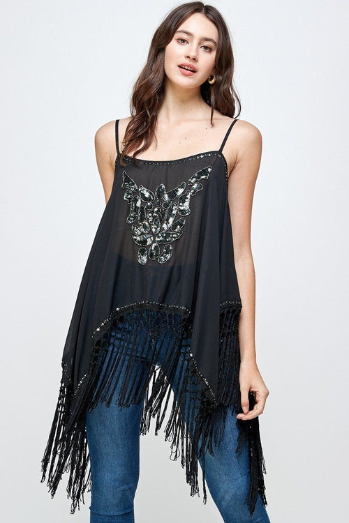 Embellished Fringe Hem Spaghetti Strap Top