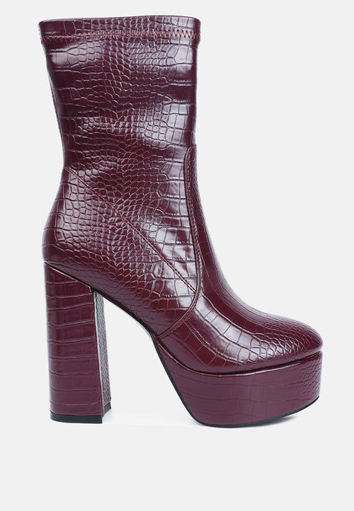 Feral High Heeled Croc Pattern Ankle Boot
