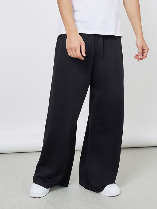 Men's Black Solid Wide Leg Cotton Casual Trousers with Drawstring
